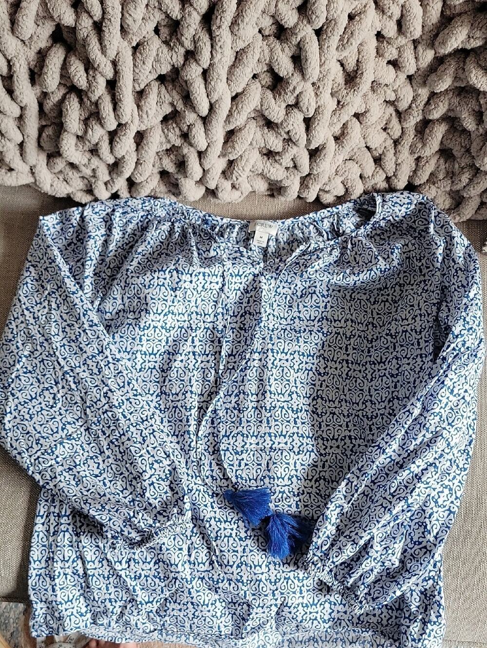 J. Crew Blue and White Printed Peasant Blouse Womens M, Boho, Tassels